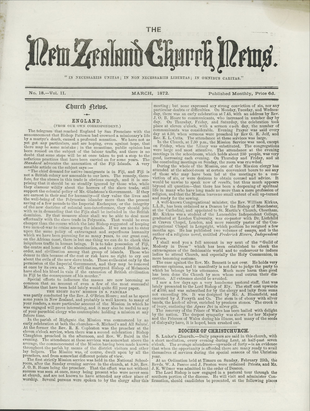 The New Zealand Church News: Issue 18, March 1872