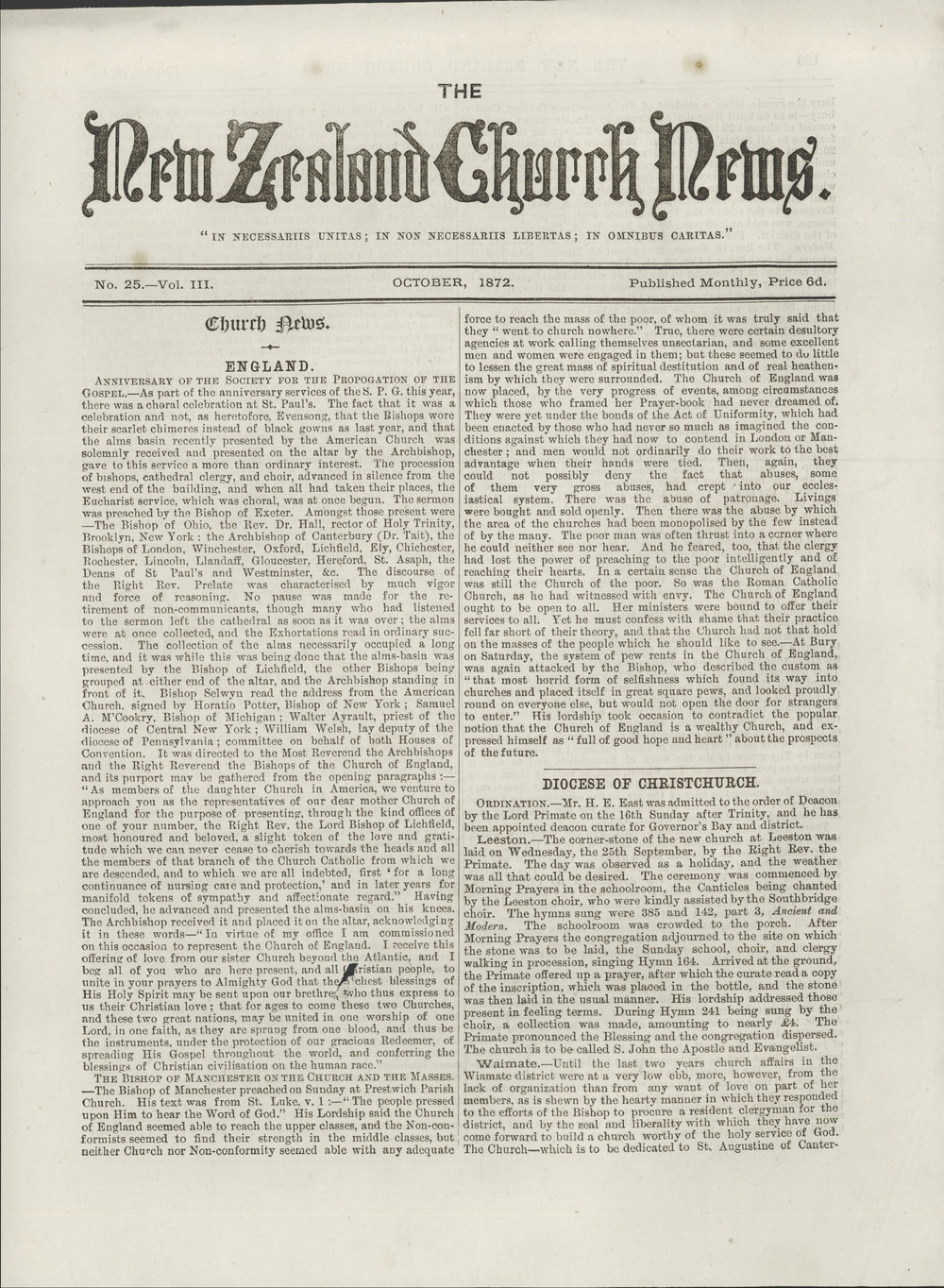 The New Zealand Church News: Issue 25, October 1872