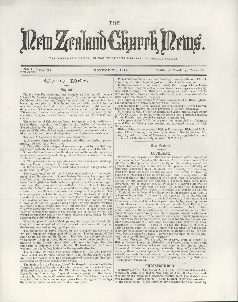 The New Zealand Church News: Issue 1, November 1872