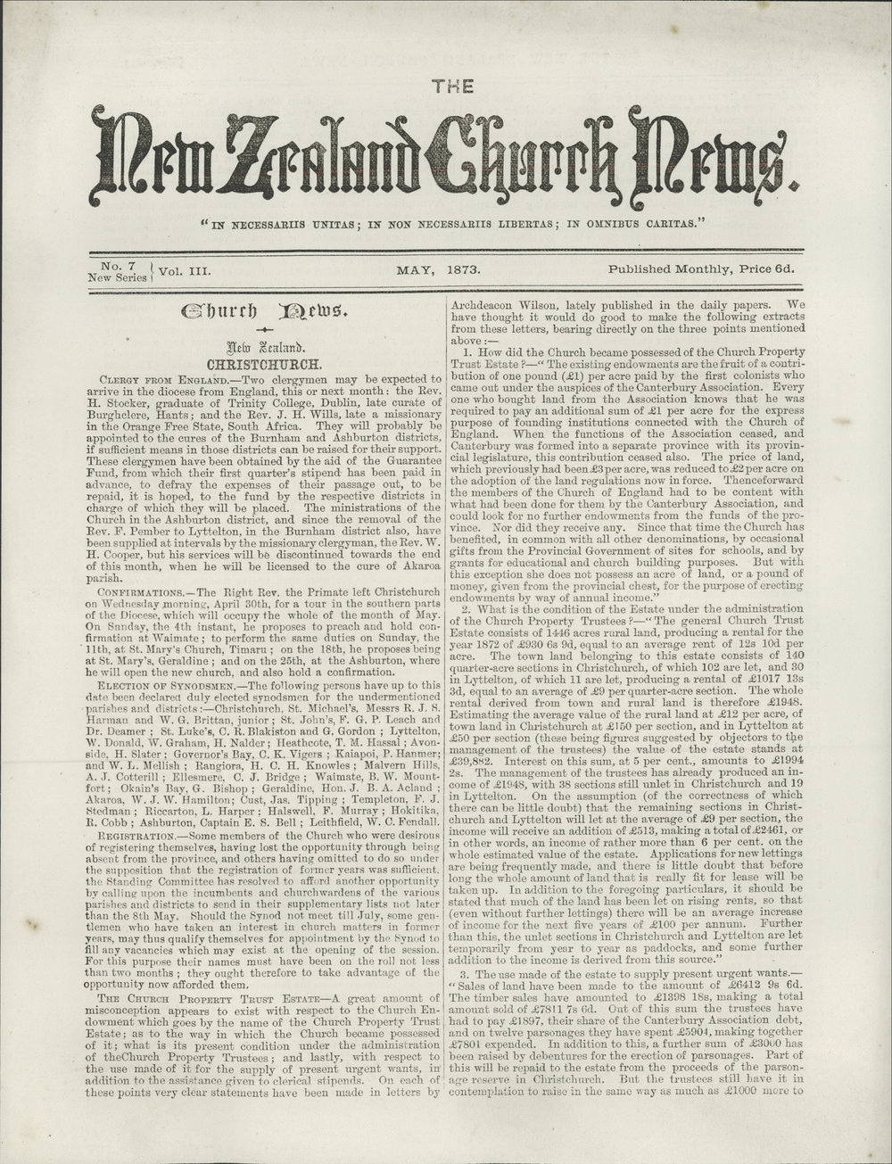 The New Zealand Church News: Issue 7, May 1873