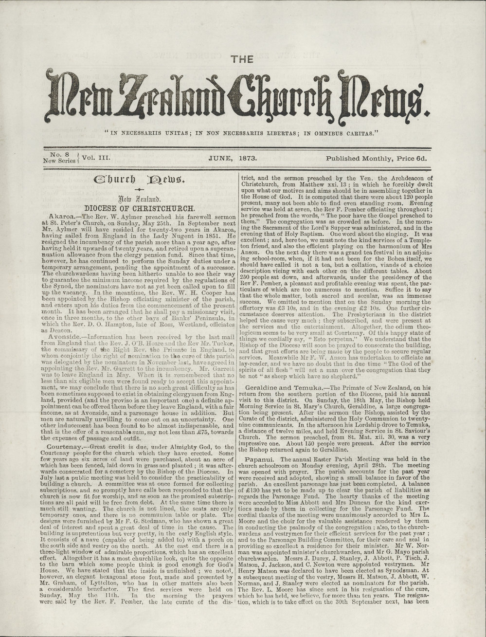 The New Zealand Church News: Issue 8, June 1873