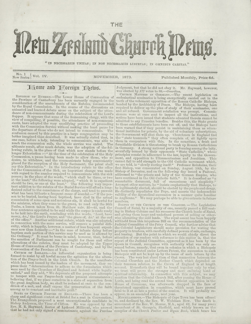 The New Zealand Church News: Issue 1, November 1873