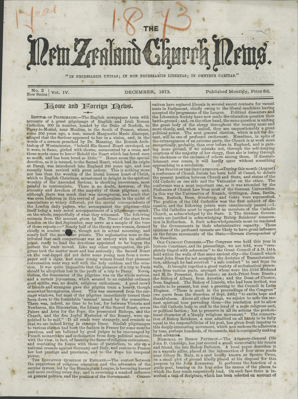 The New Zealand Church News: Issue 2, December 1873