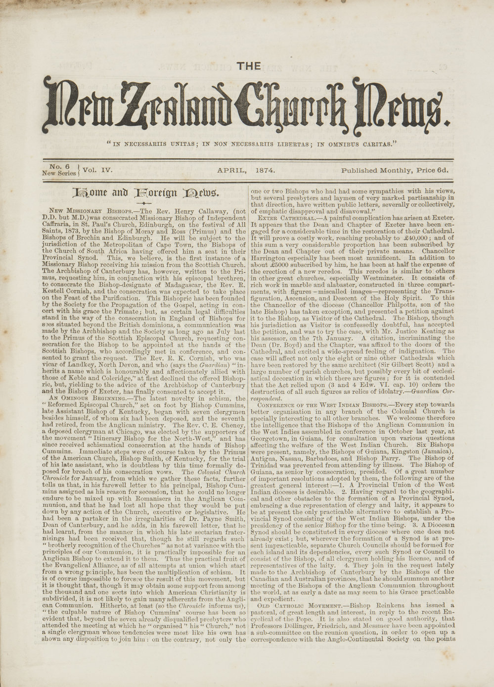 The New Zealand Church News: Issue 6, April 1874