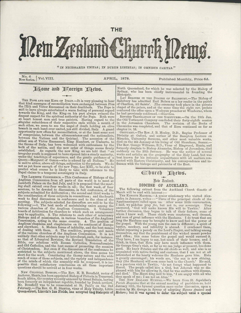 The New Zealand Church News: Issue 6, April 1878