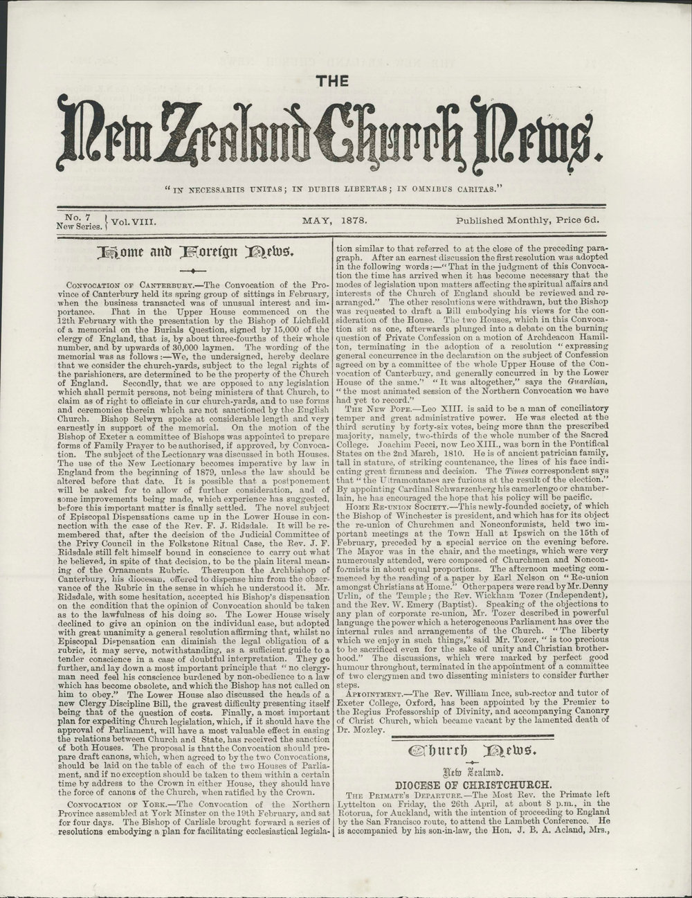 The New Zealand Church News: Issue 7, May 1878
