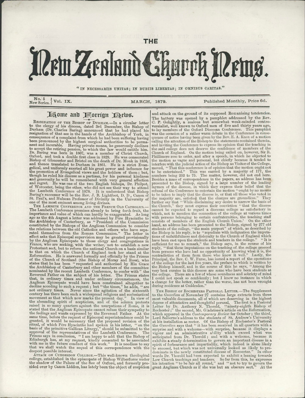 The New Zealand Church News: Issue 5, March 1879