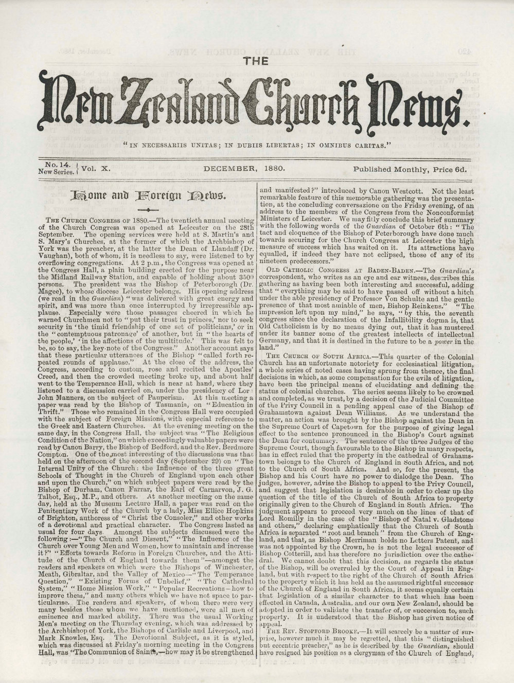 The New Zealand Church News: Issue 14, December 1880
