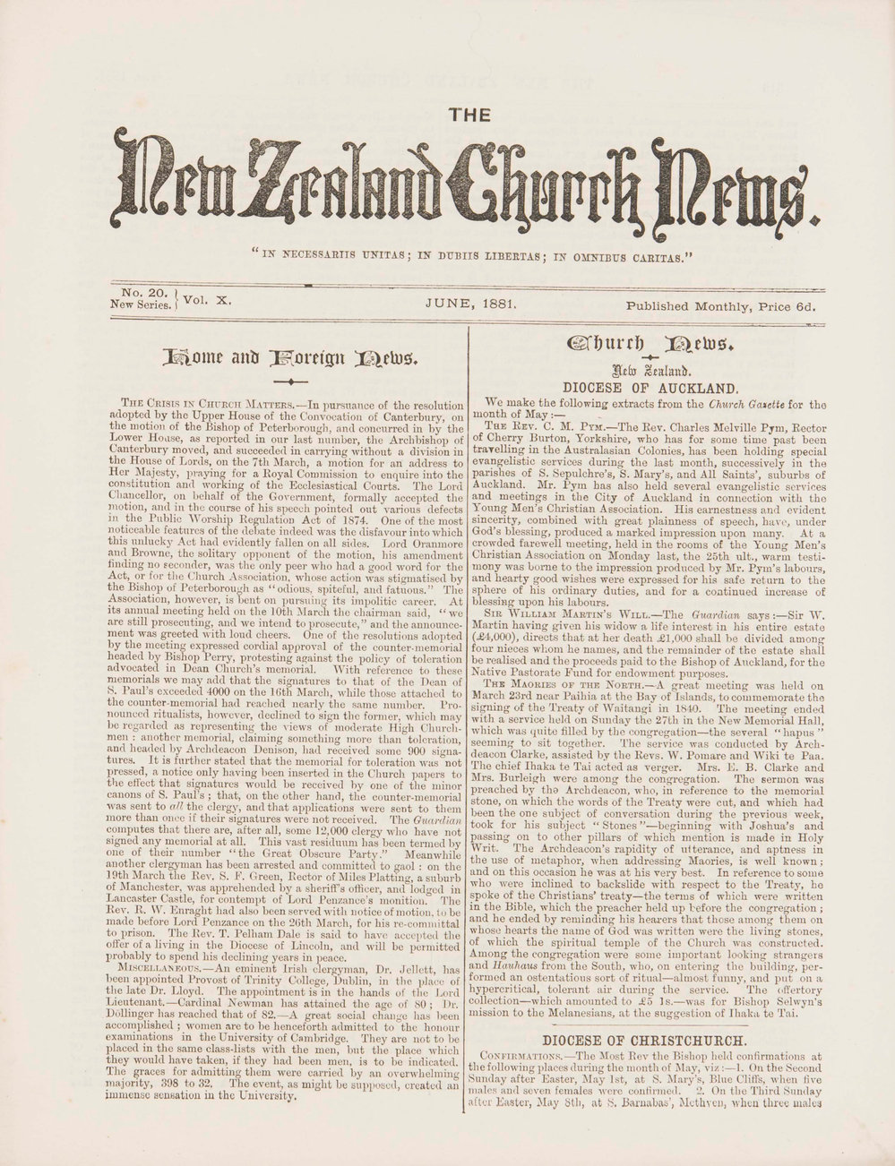 The New Zealand Church News: Issue 20, June 1881