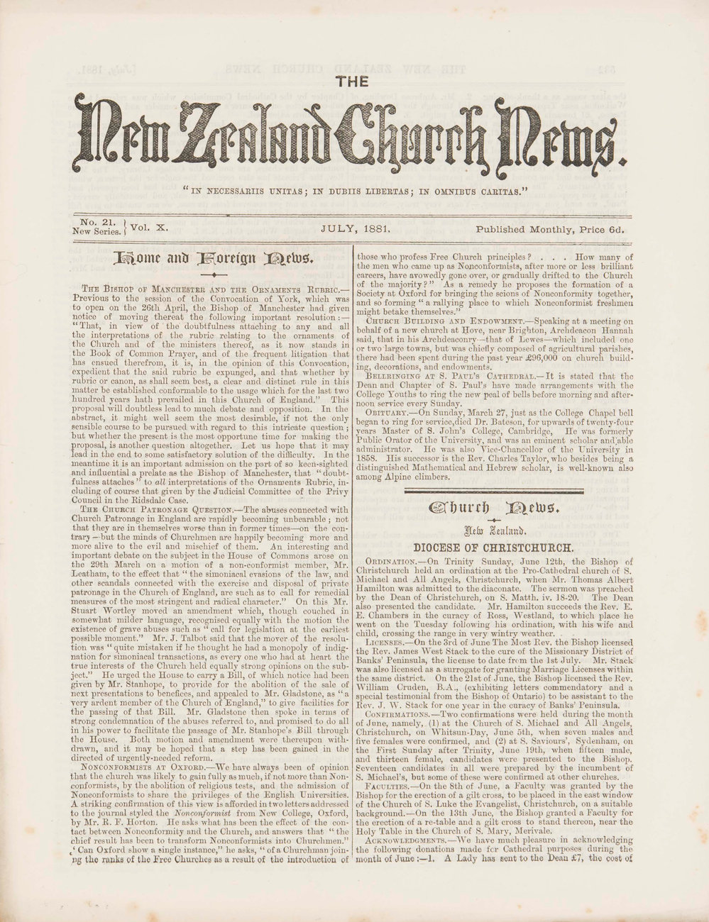 The New Zealand Church News: Issue 21, July 1881