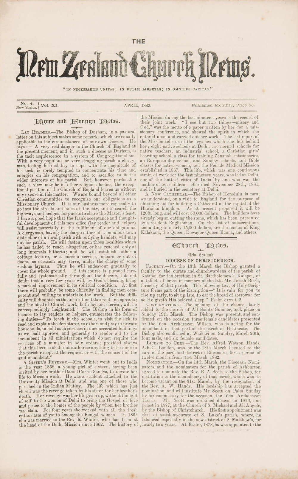 The New Zealand Church News: Issue 4, April 1882