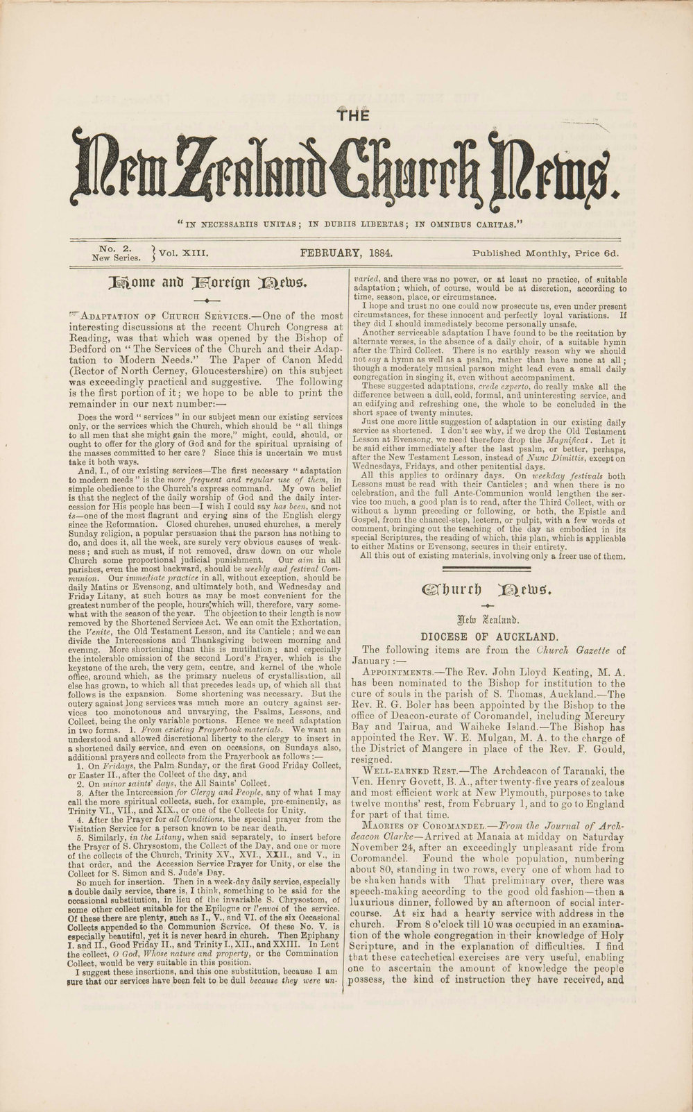 The New Zealand Church News: Issue 2, February 1884
