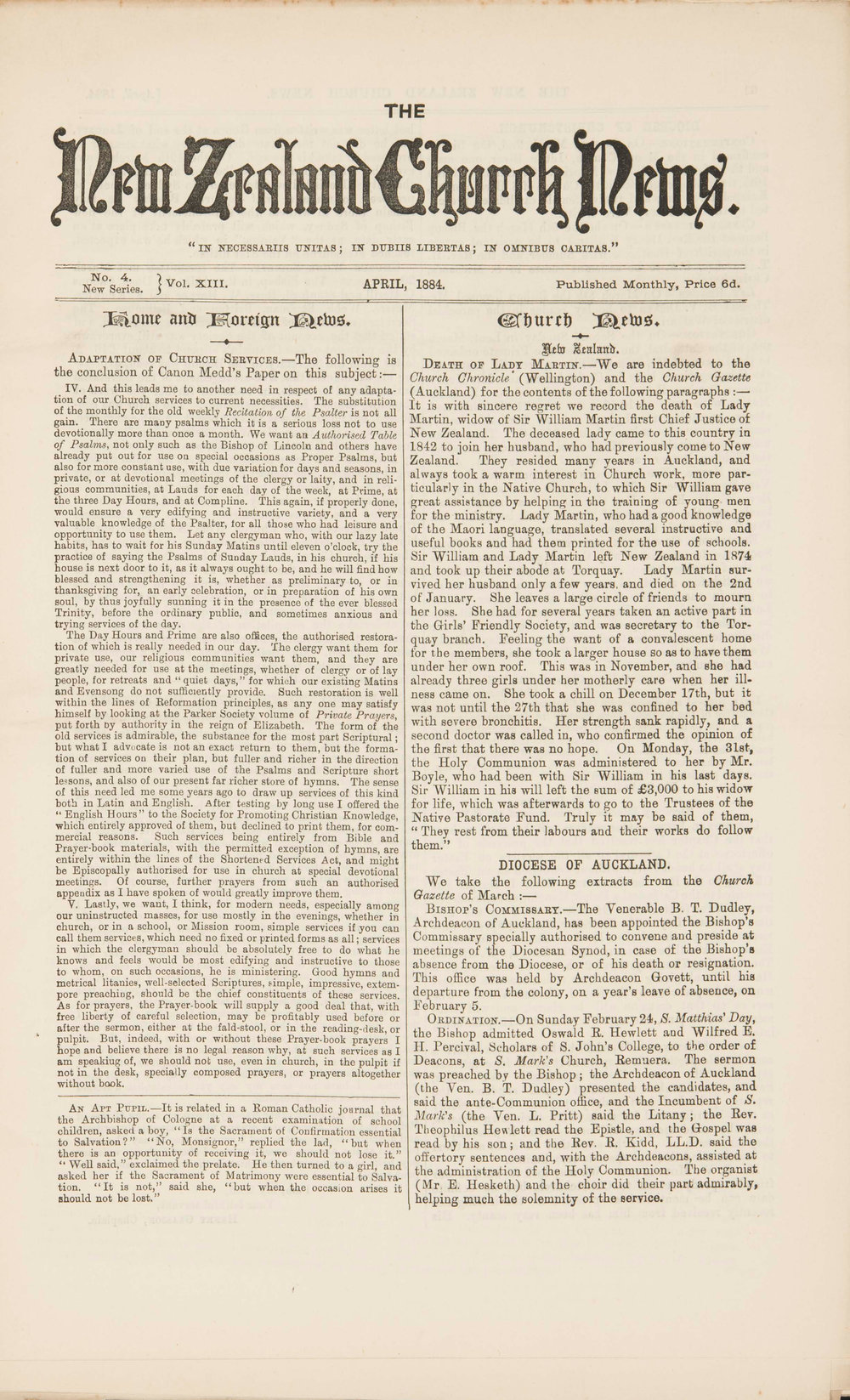 The New Zealand Church News: Issue 4, April 1884