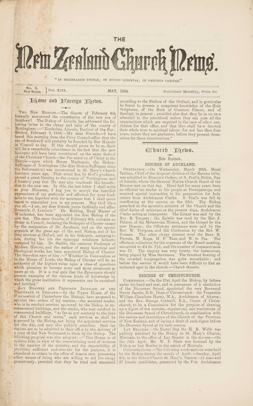 The New Zealand Church News: Issue 5, May 1884