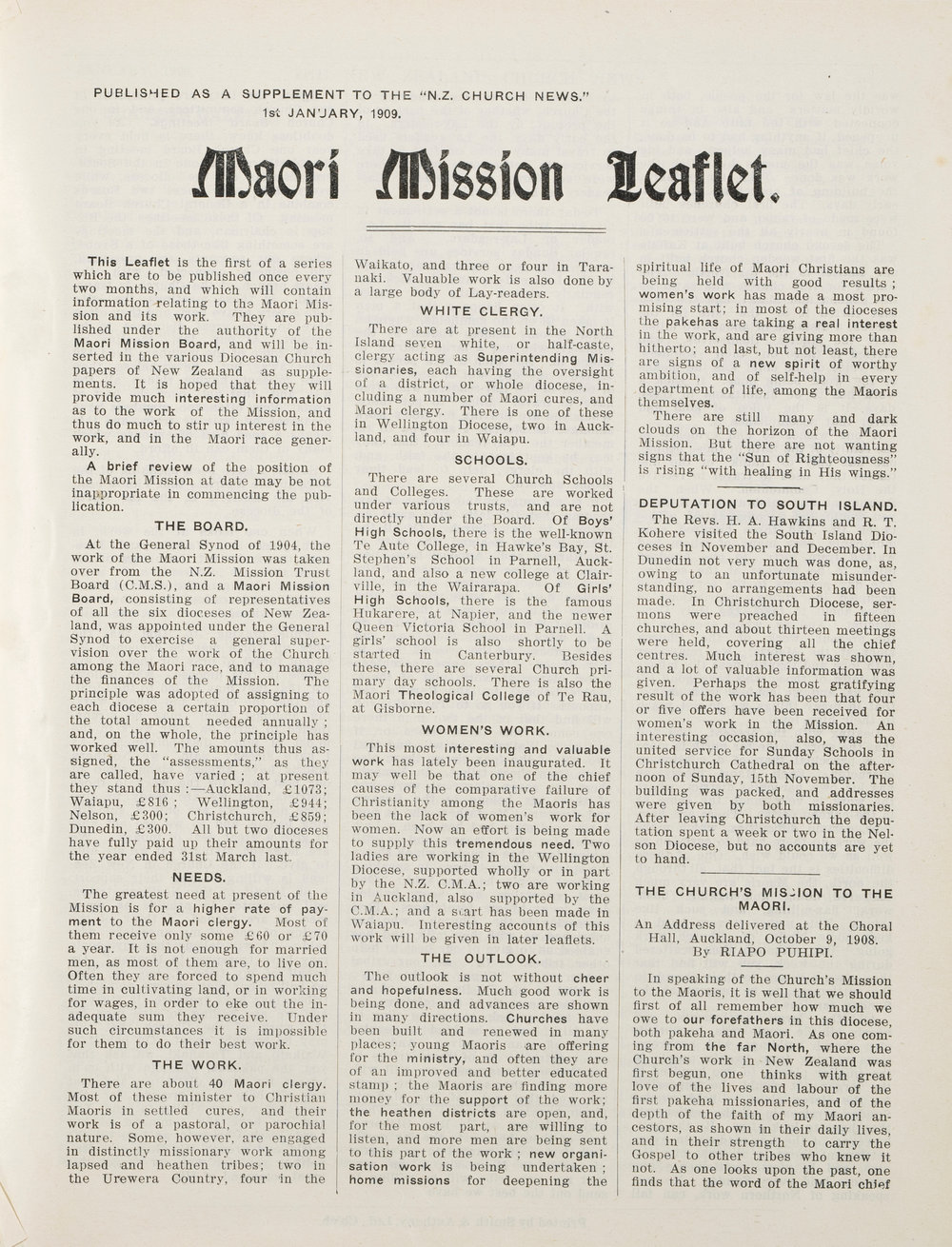 Supplement to the NZ Church News - Maori Mission 1909 Vol 1