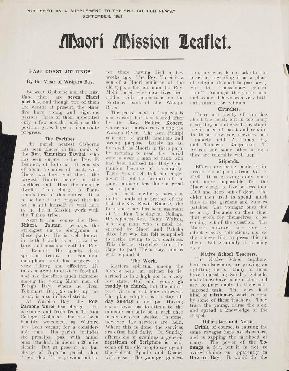 Supplement to the NZ Church News - Maori Mission 1909 Vol 3