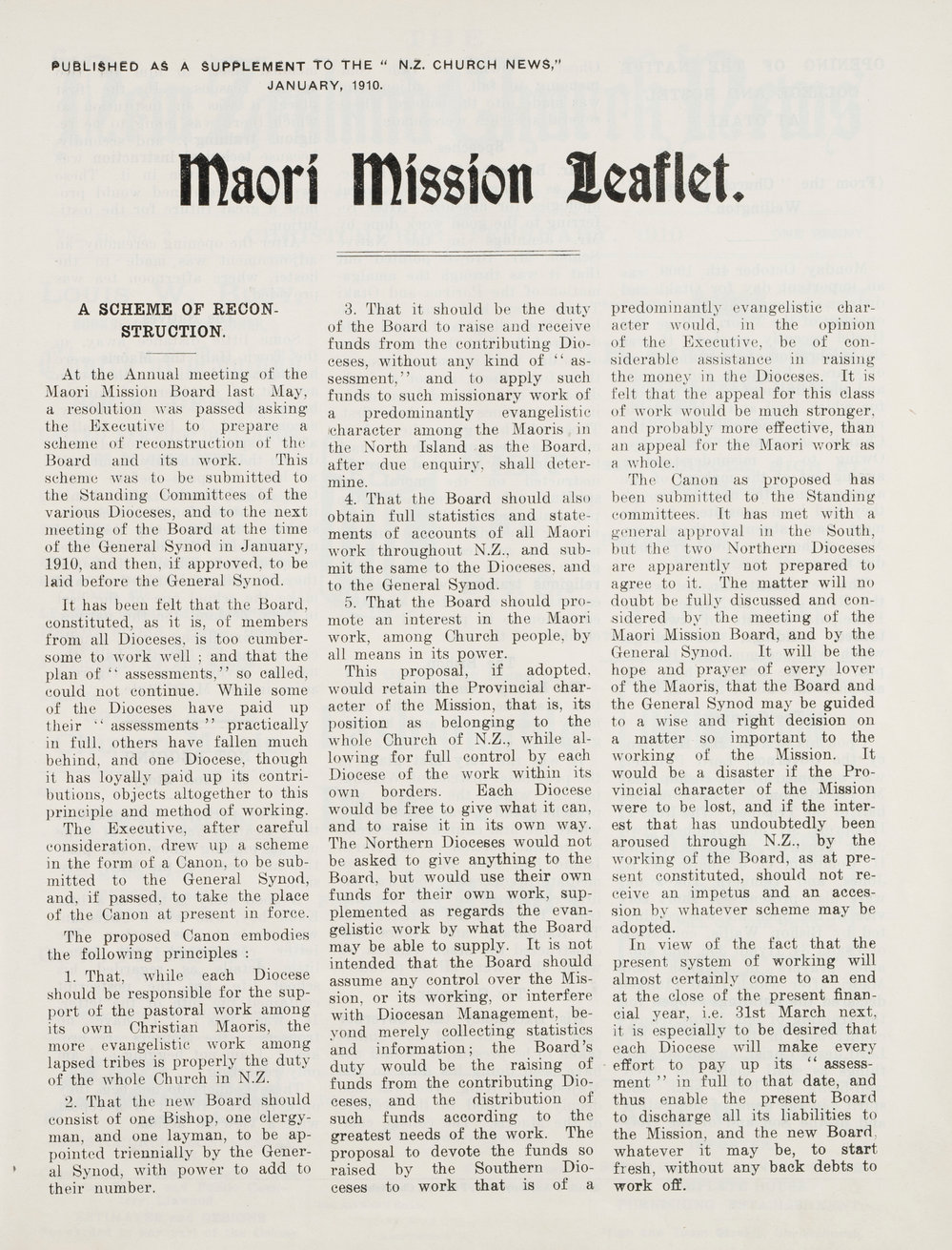 Supplement to the NZ Church News - Maori Mission 1910 Vol 1
