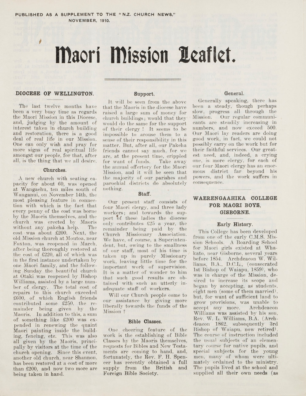 Supplement to the NZ Church News - Maori Mission 1910 Vol 5