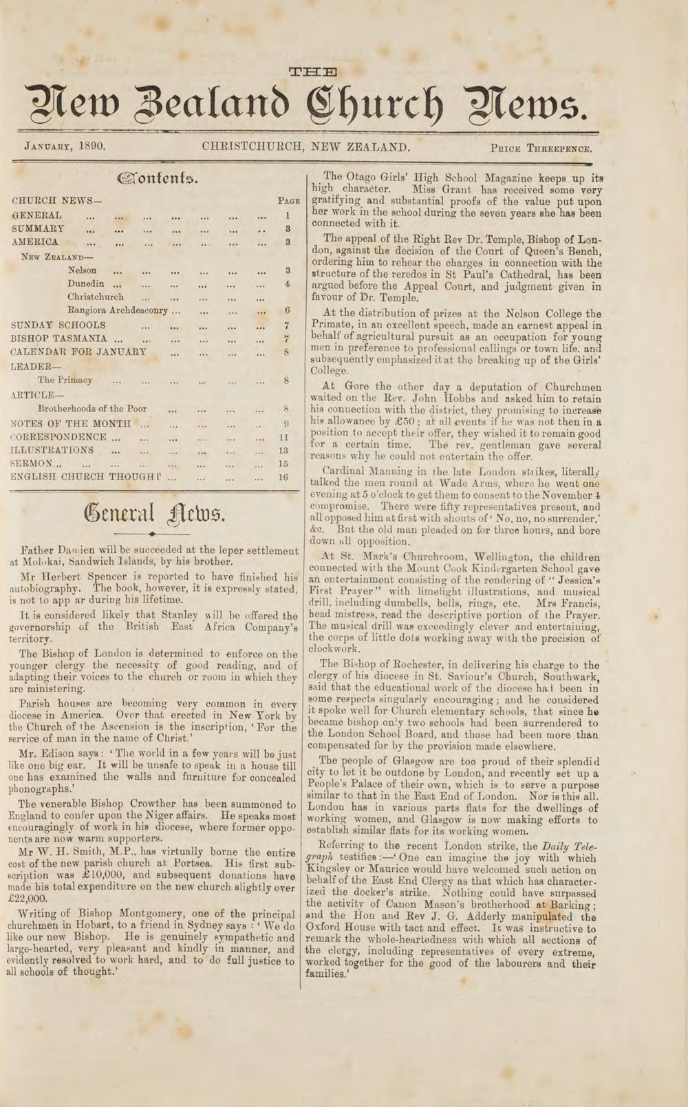 The New Zealand Church News: Issue 1, January 1890