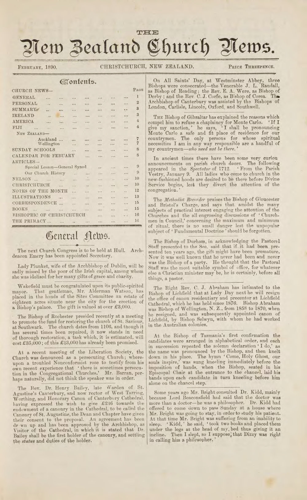 The New Zealand Church News: Issue 2, February 1890