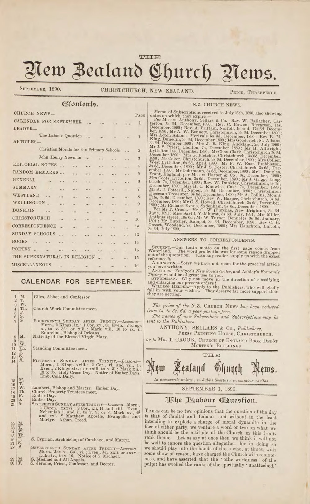 The New Zealand Church News: Issue 9, September 1890