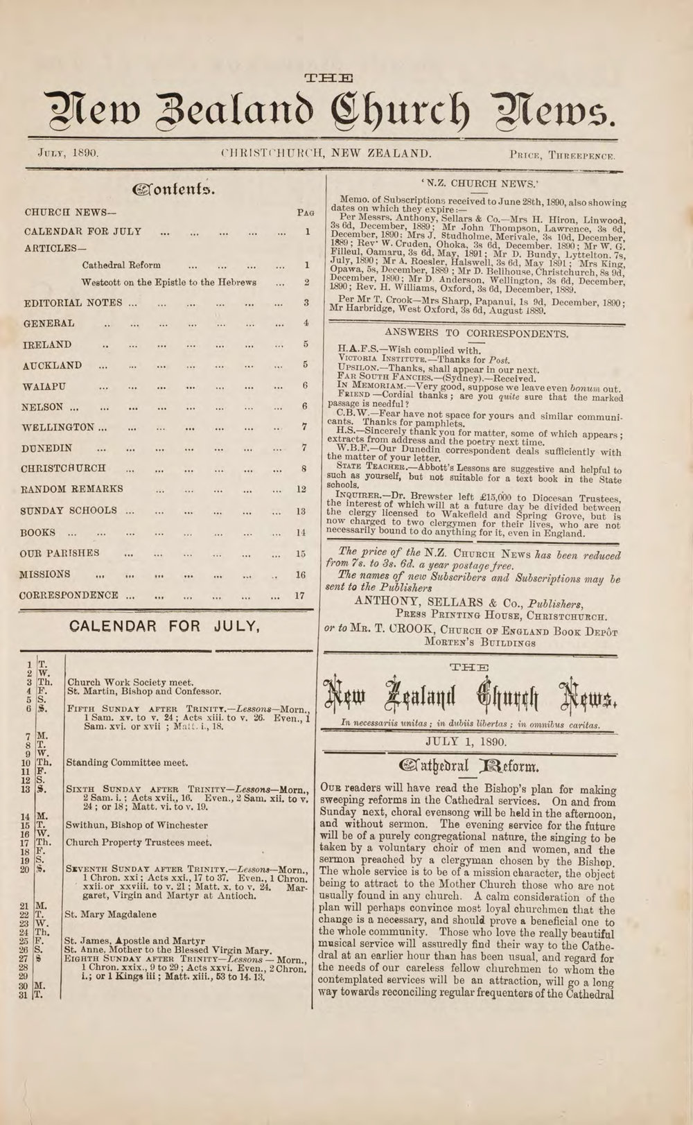 The New Zealand Church News: Issue 7, July 1890