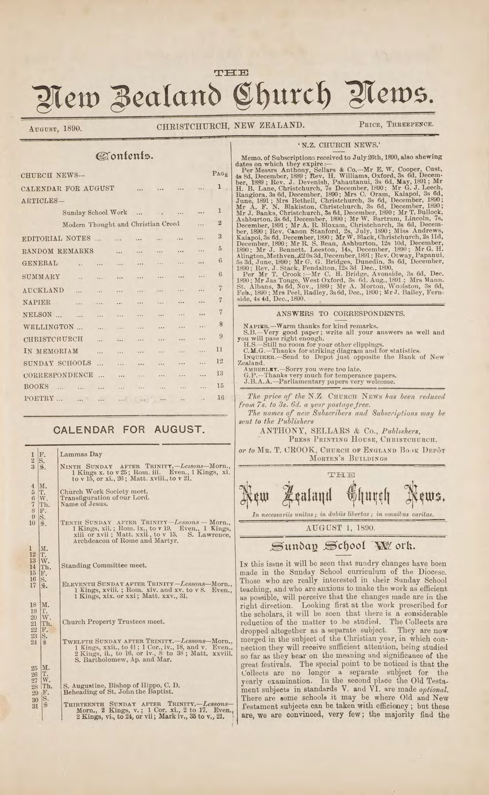 The New Zealand Church News: Issue 8, August 1890