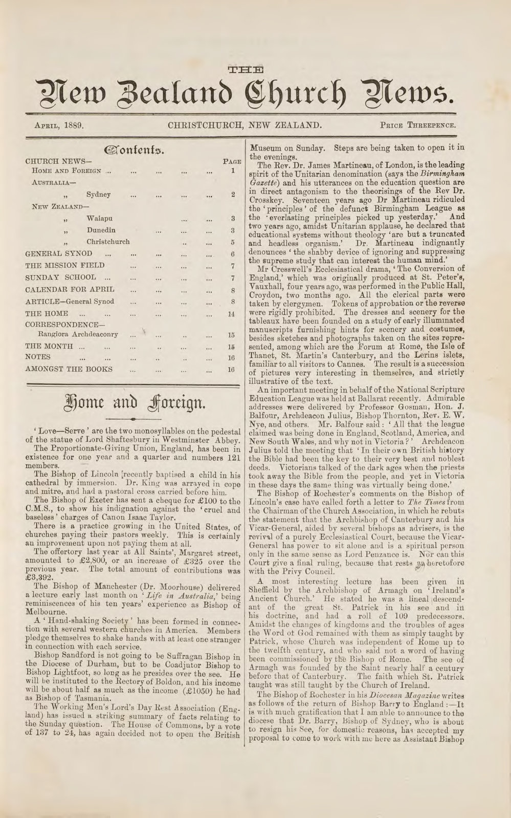 The New Zealand Church News, Issue 4 April 1889