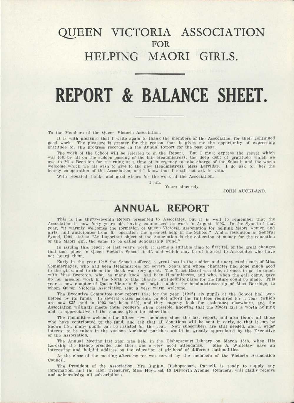 Queen Victoria Association Report  1943