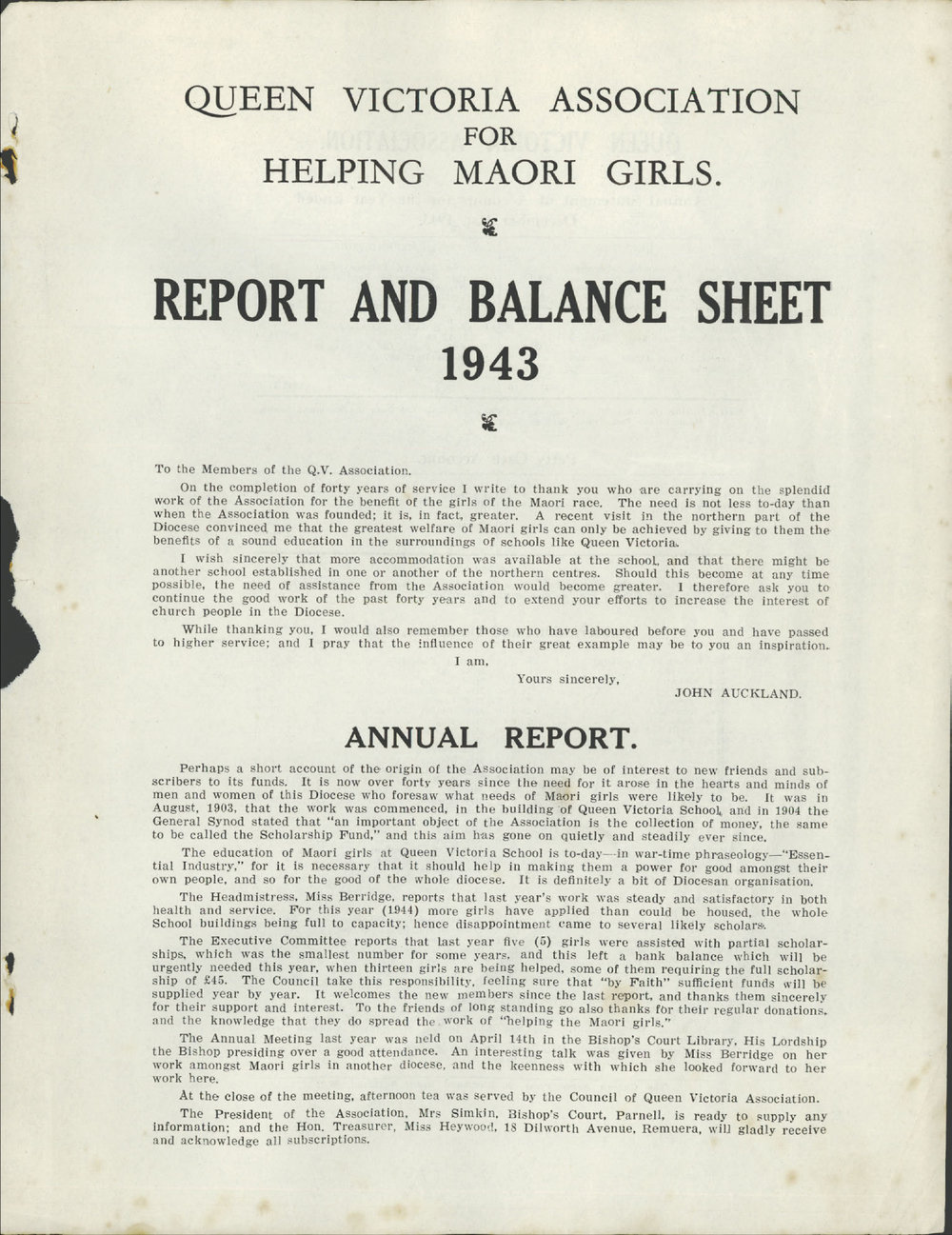 Queen Victoria Association Report  1944