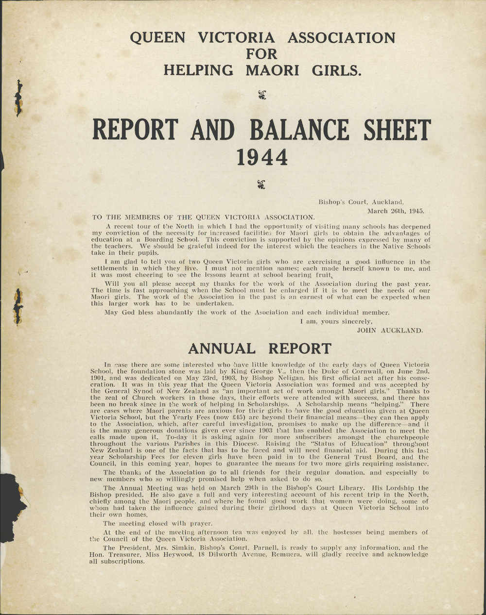 Queen Victoria Association Report 1945