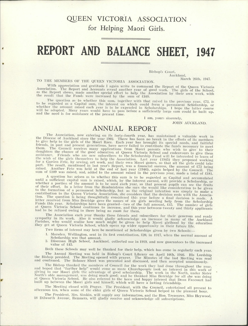 Queen Victoria Association Report 1947