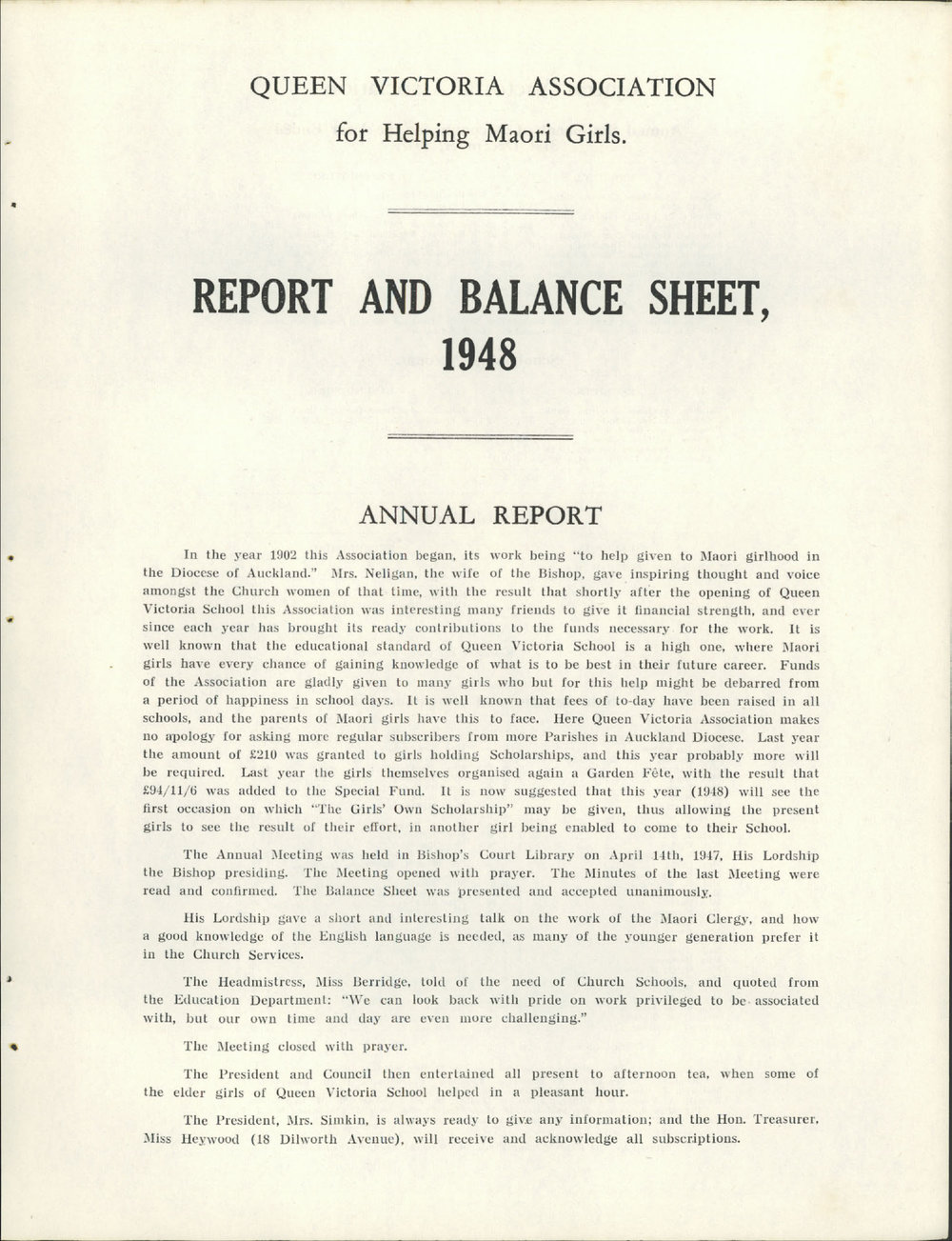 Queen Victoria Association Report 1948