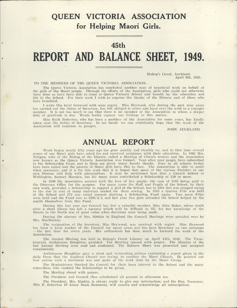 Queen Victoria Association Report 1949