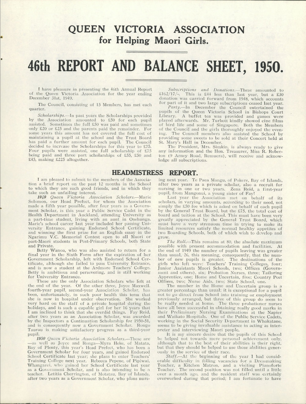Queen Victoria Association Report 1950
