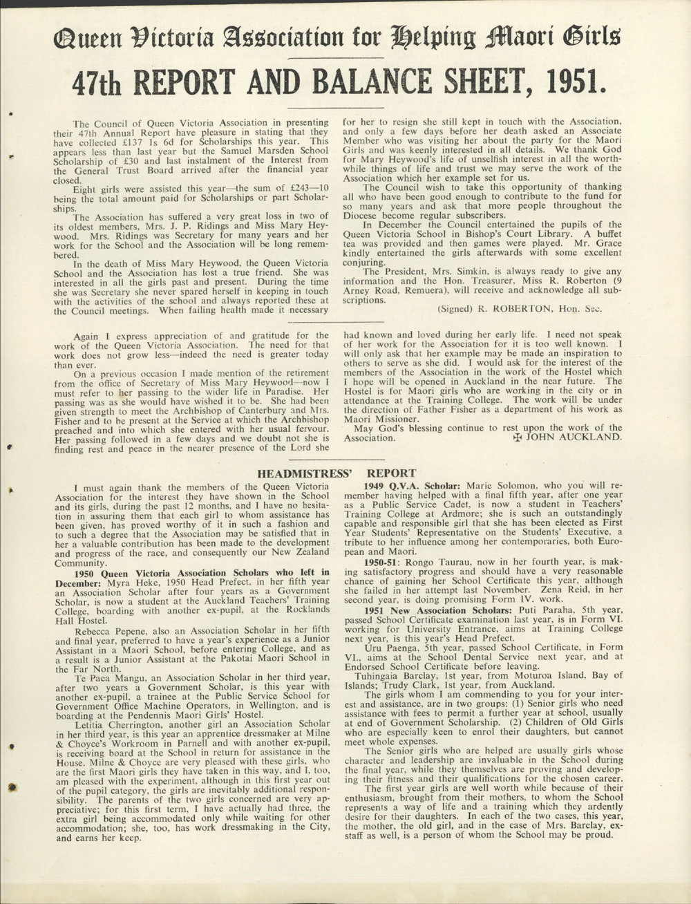 Queen Victoria Association Report 1951