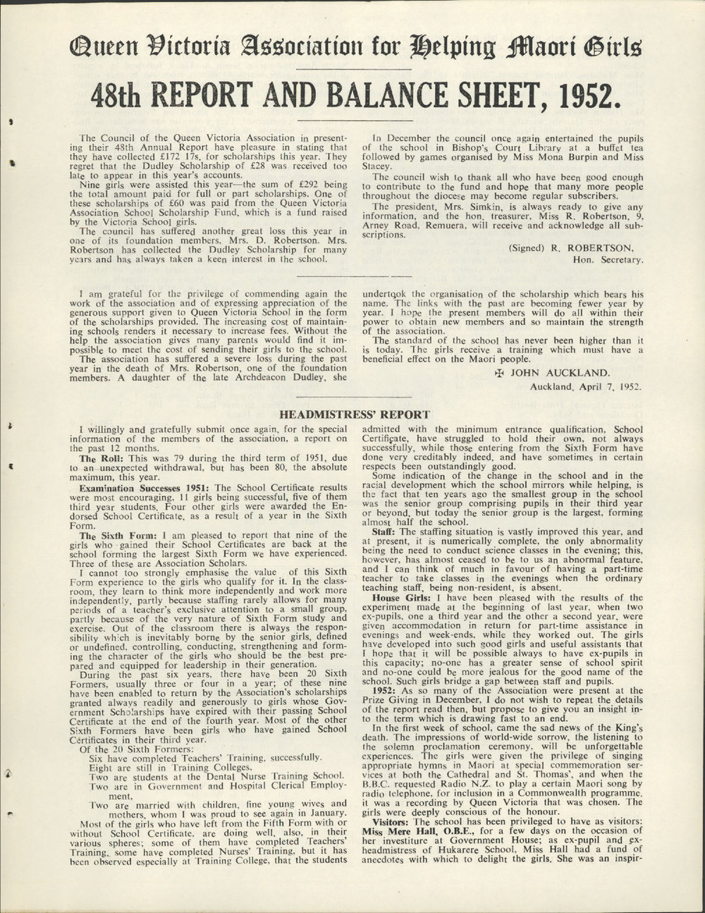 Queen Victoria Association Report 1952