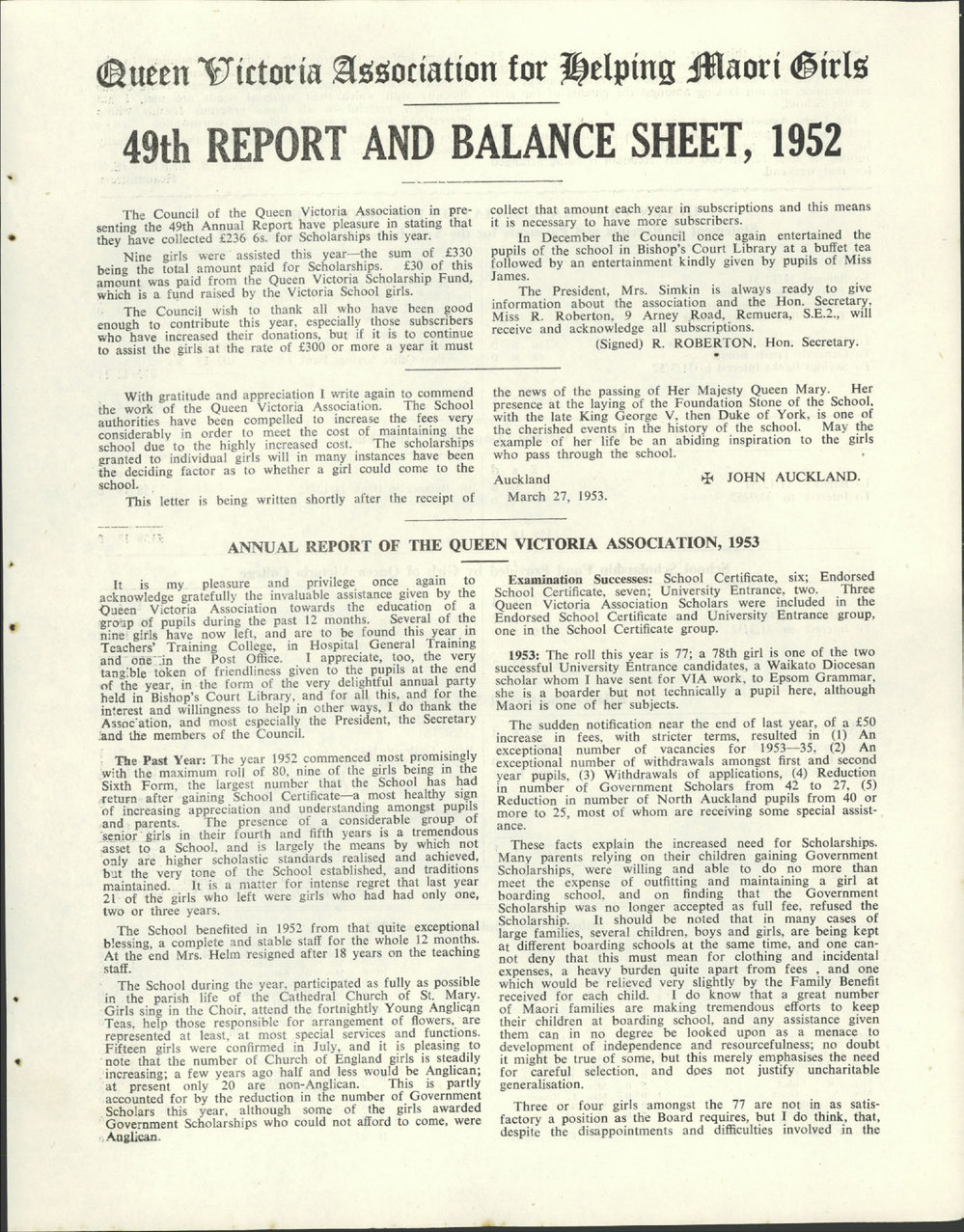 Queen Victoria Association Report 1953