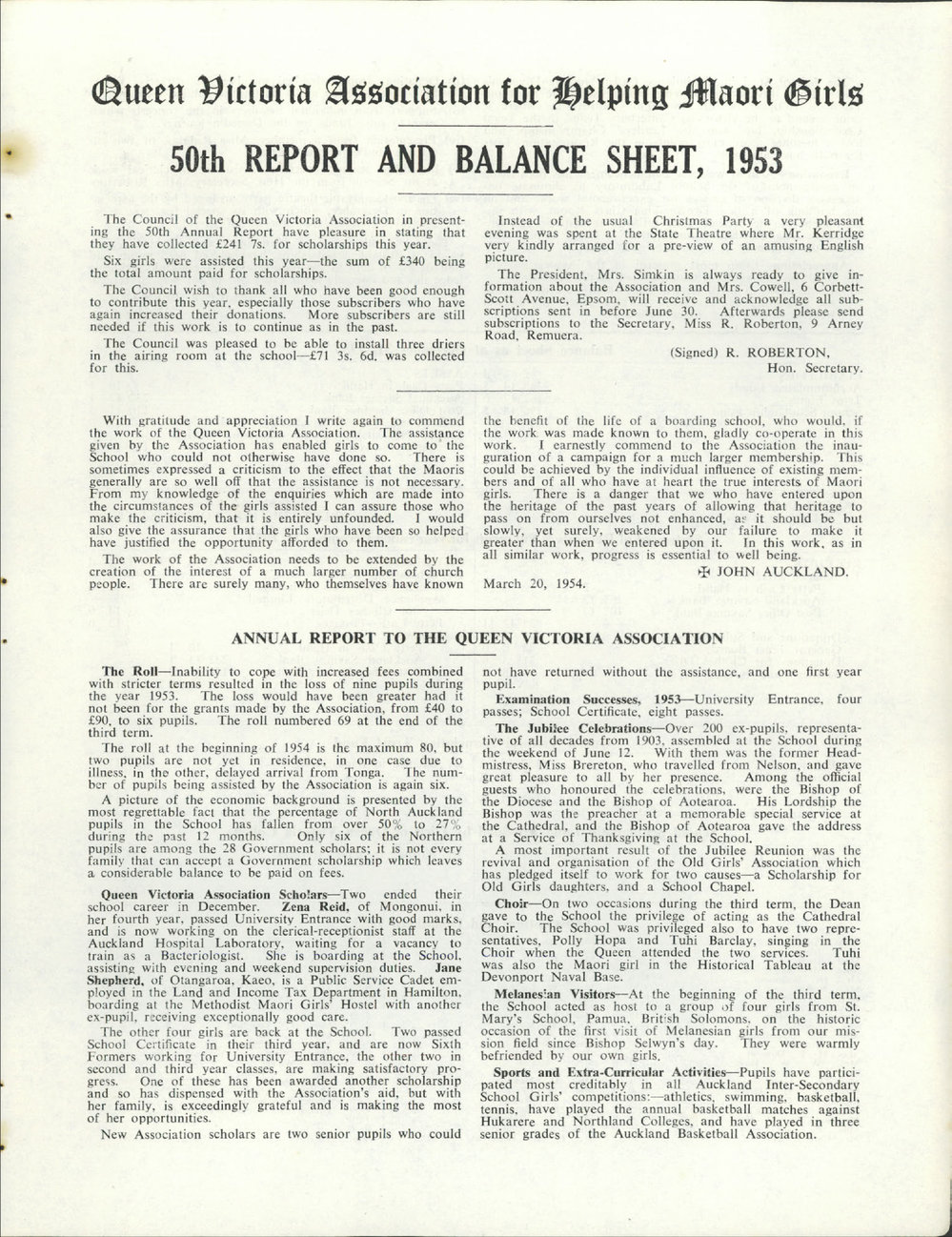Queen Victoria Association Report 1954