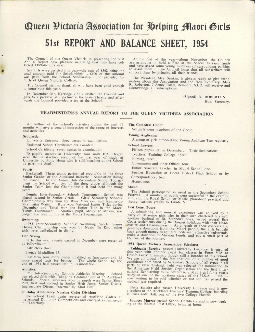 Queen Victoria Association Report 1955