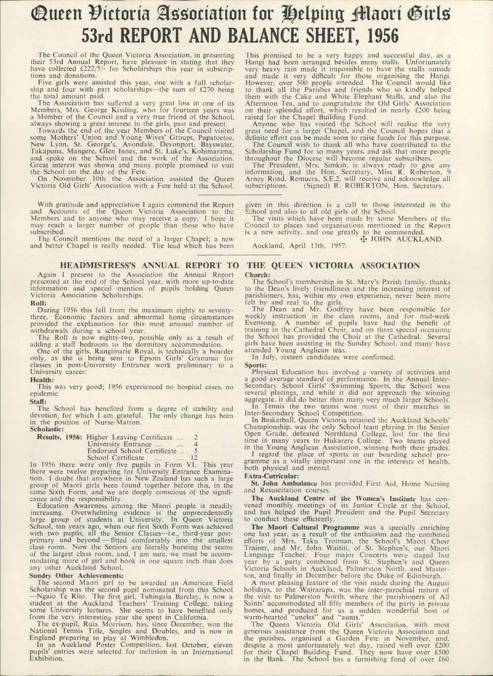 Queen Victoria Association Report 1957