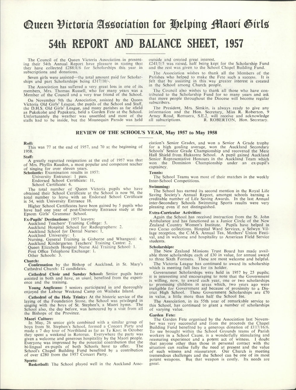 Queen Victoria Association Report 1958