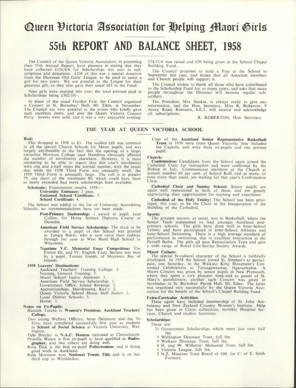 Queen Victoria Association Report 1959