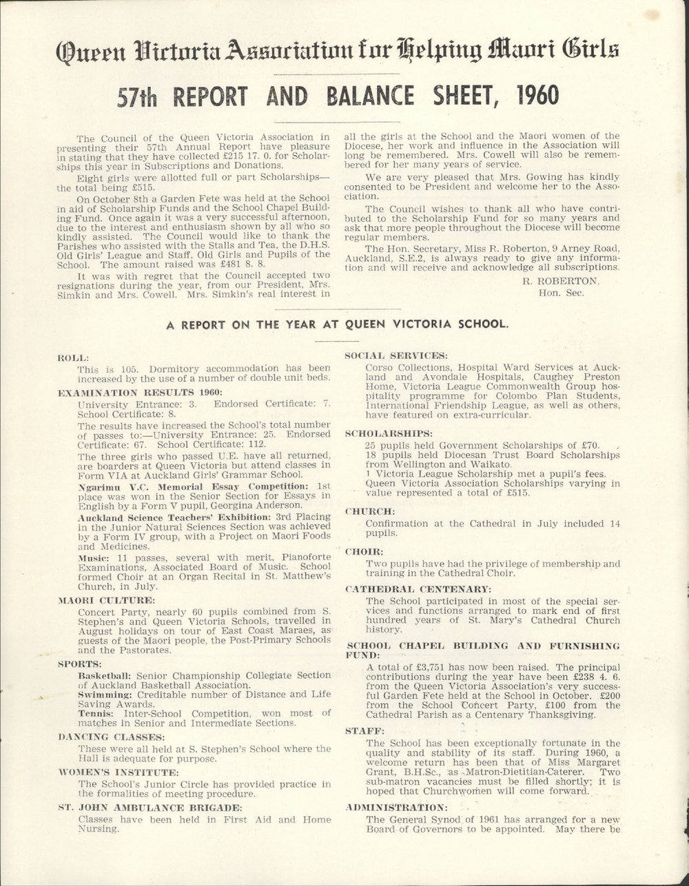 Queen Victoria Association Report 1961