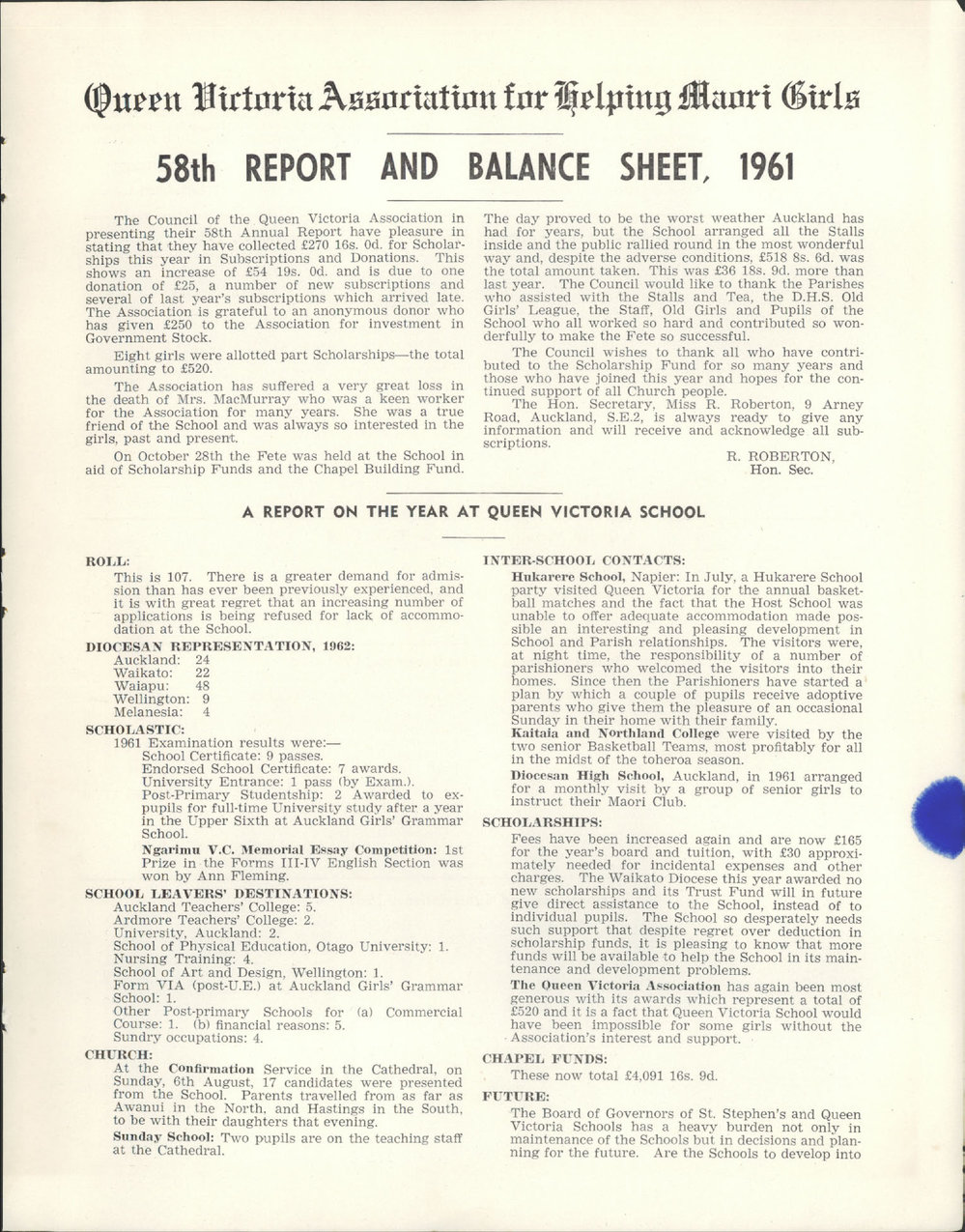 Queen Victoria Association Report 1962