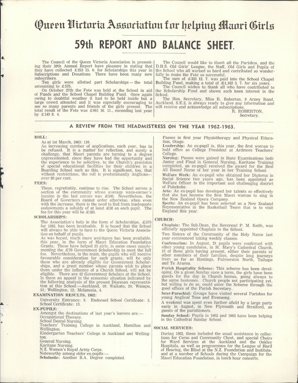 Queen Victoria Association Report 1963