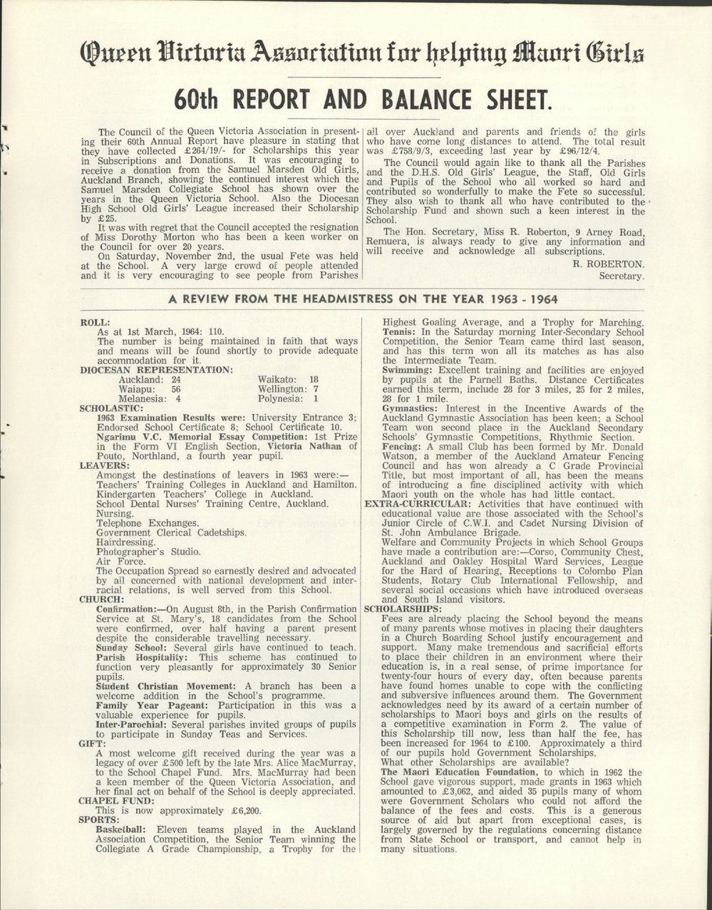 Queen Victoria Association Report 1964