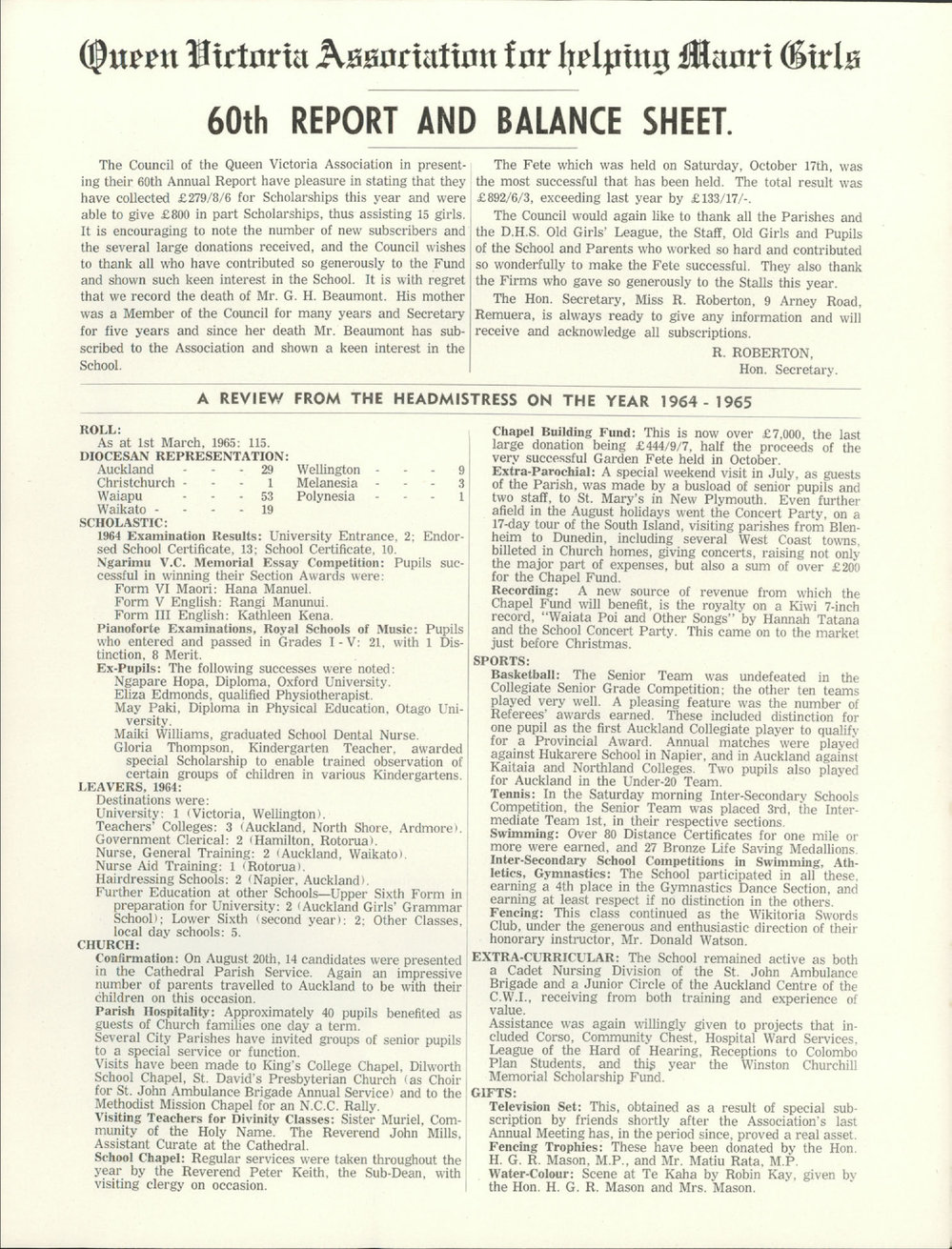 Queen Victoria Association Report 1965