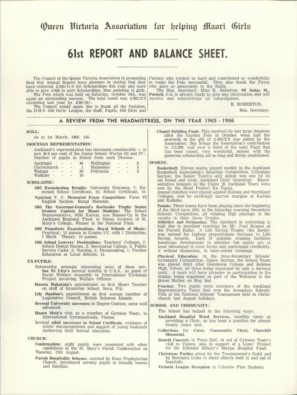 Queen Victoria Association Report 1966