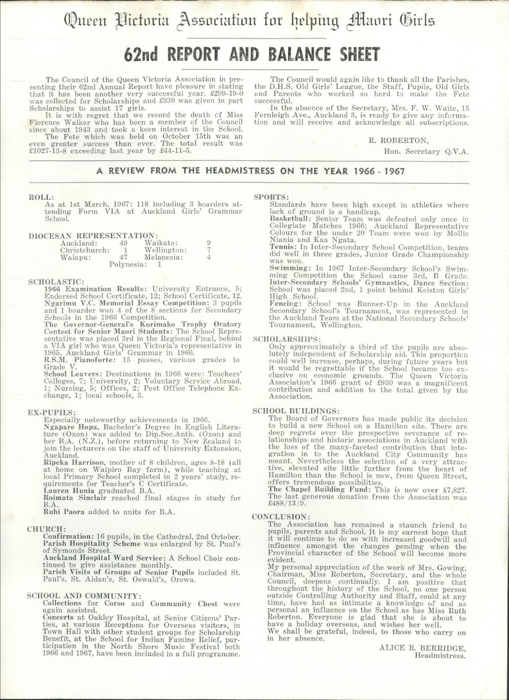 Queen Victoria Association Report 1967